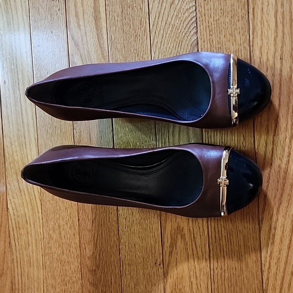 Tory Burch Brown and Black Leather Wedge Pumps with Gold Accent